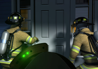 A frame from a 3D animation from the POV inside a firefighter's full-face respirator of two firefighters about to open the front door to a house that is on fire