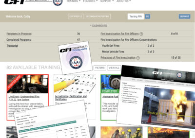 A composite of images from CFITrainer.Net, including the user dashboard, podcast logo, list of available programs, transcript, and the interface from a module