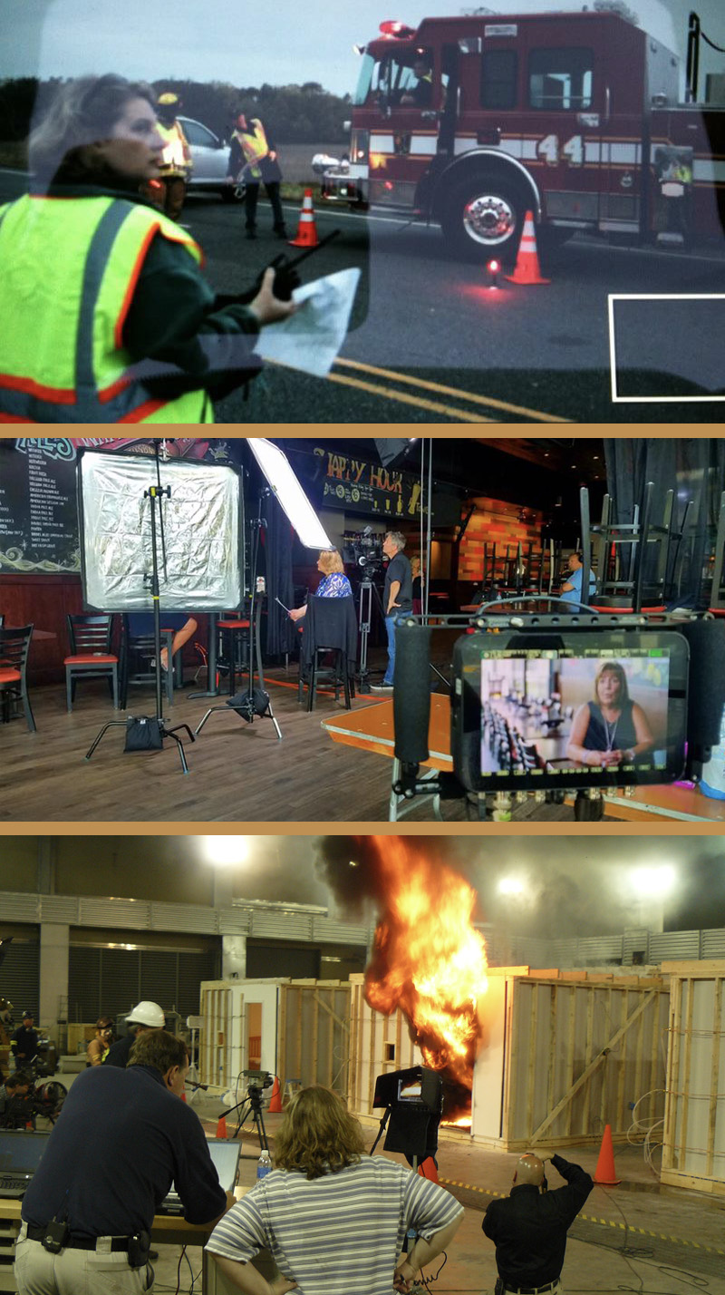 Three images of Cathy Dipierro working, one on a roadway recording a traffic control safety video, one interviewing an expert, and one observing a test burn of a room on fire at the ATF National Laboratory