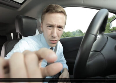 A driver leans toward camera, squinting, with his finger about to press a button