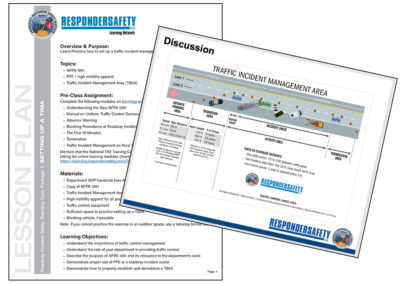 Two pages from a ResponderSafety.com lesson plan on how to set up at traffic incident management area, including a diagram of a recommended setup