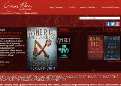 Screenshot of the AnneRice.com home page with book covers fro RAMSES THE DAMNED: THE REIGN OF OSIRIS, THE MUMMY, BLOOD COMMUNION, AND PRINCE LESTAT AND THE REALMS OF ATLANTIS