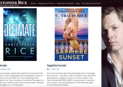 Screenshot of the ChristopherRiceBooks.com home page showing book covers for DECIMATE and SAPPHIRE SUNSET with a head shot of Christopher Rice